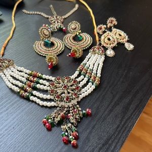 Indian Pakistani wedding pearl green red rhinestone jewelry set
